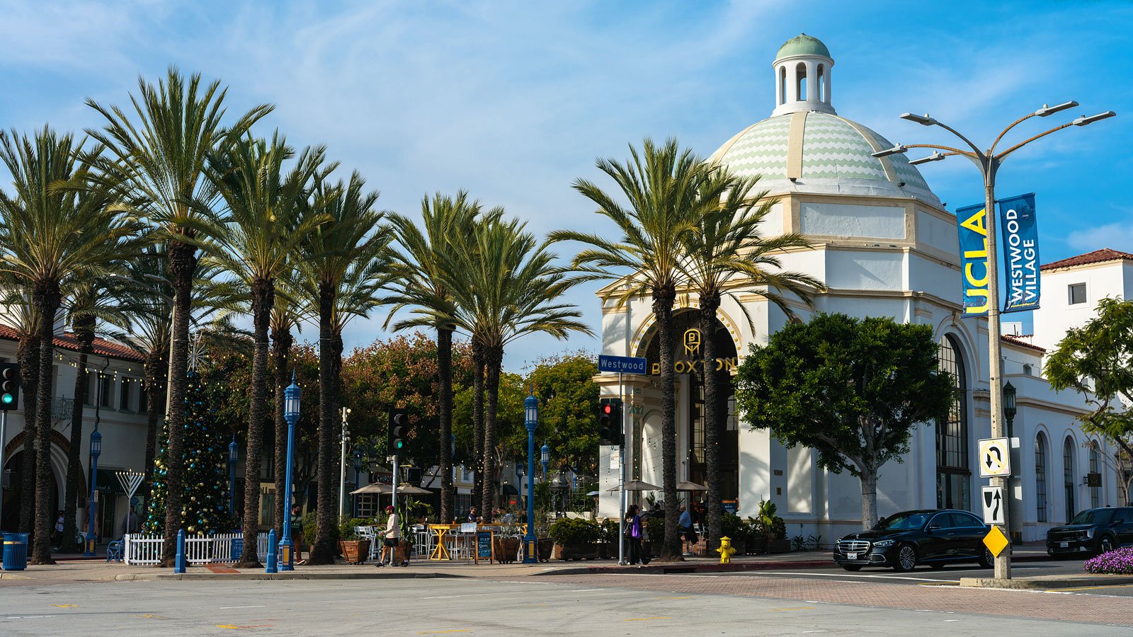 Broxton Plaza in Westwood lined with palm trees.