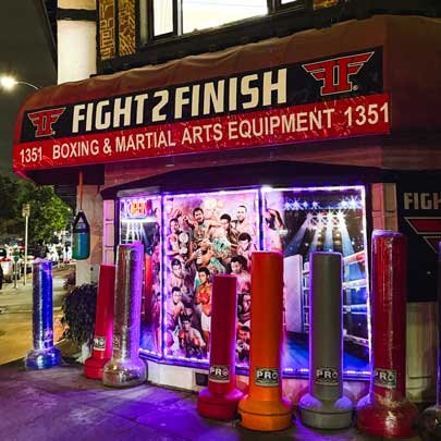 Exterior of Fight 2 Finish lined with punching bags.
