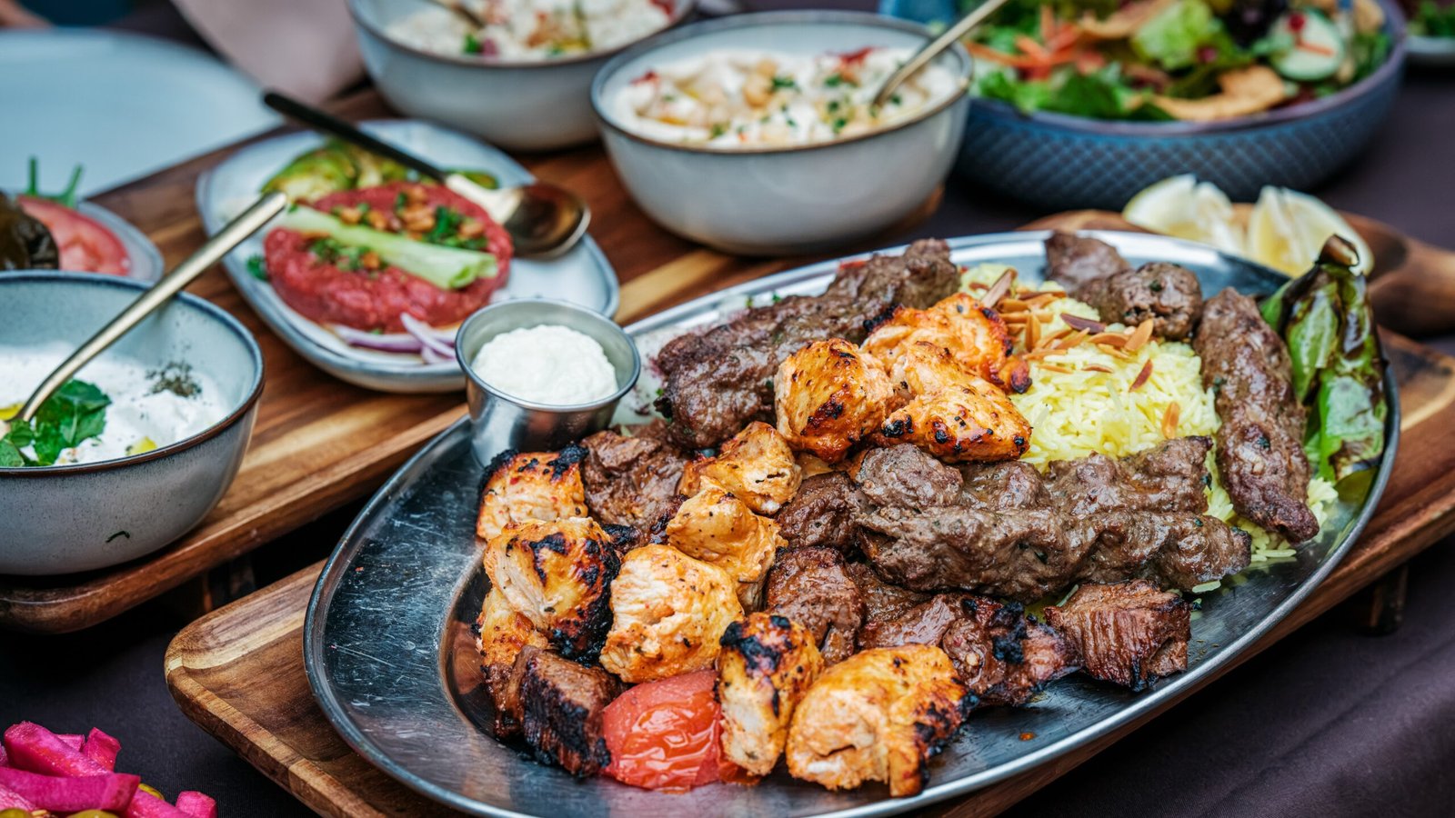 Eden Garden Bar & Grill – platter of grilled beef, chicken and vegetable kebabs served with rice, salad and dips.